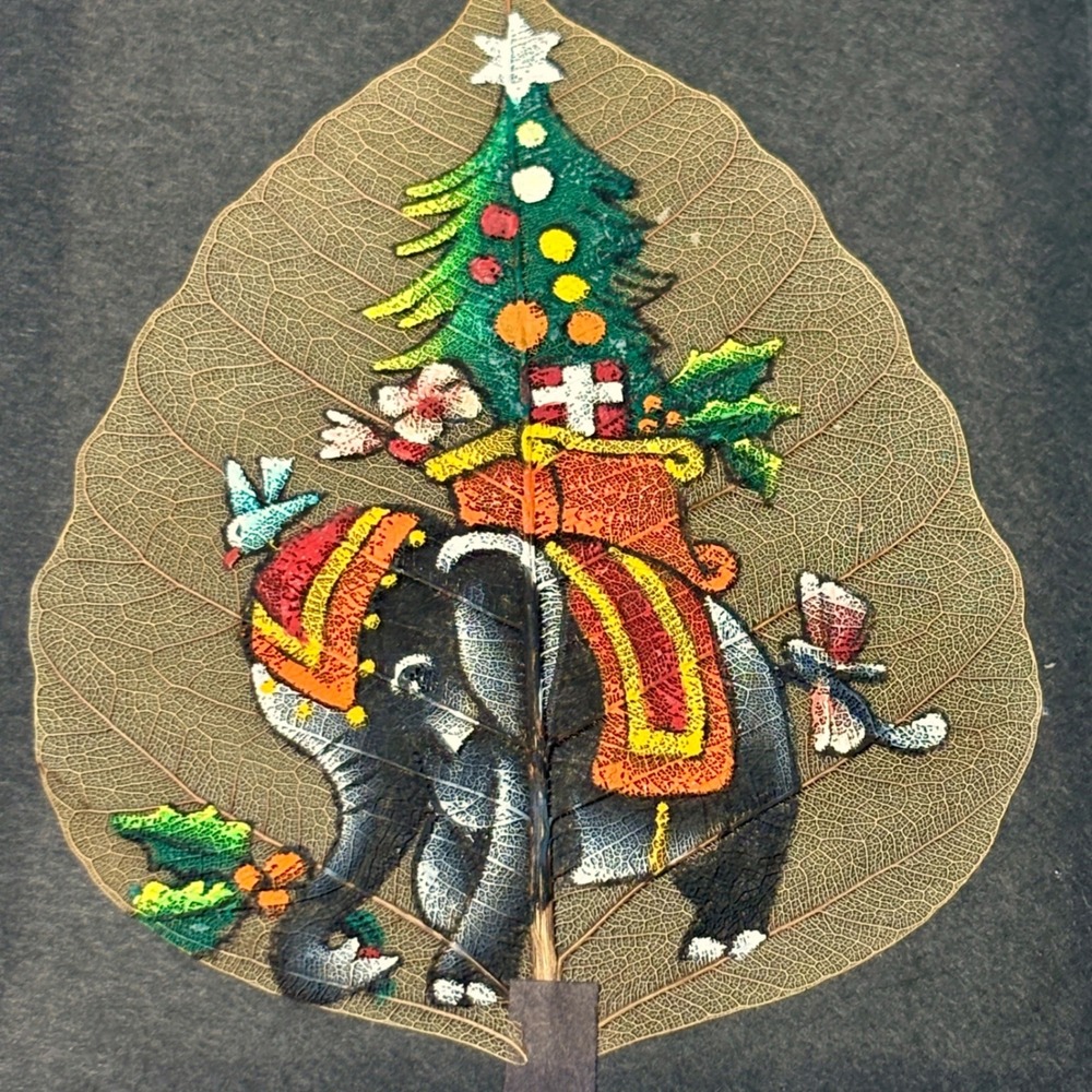 Vintage Framed Bodhi Leaf Painting Christmas Elephant Tree Hand Painted Art Boho